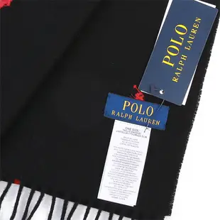 POLO Ralph Lauren滿版刺繡小馬雙側流蘇羊毛圍巾(黑色)780940