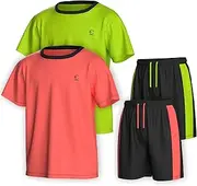 [Essenclo] Boys Clothing Sets Tagless Loose Athletic Performance Crew Neck T-Shirt and Short Outfits Size 3-16 (4 Piece Set), Set-11, 9-10