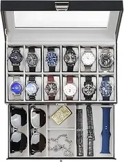 ProCase Watch Box for Men, 12 Slot Mens Watch Case With Drawer, Watch Display Case With Glass Lid, 2-Layer Watch Holder Organizer, Jewelry and Watch Storage for Men Women -12Slot, Black