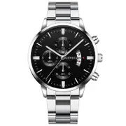 Stylish Silver Stainless Steel Quartz Wrist Watch for Men Business Calendar Clock