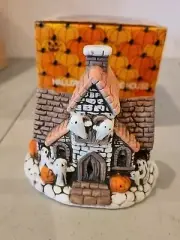 VINTAGE HALLOWEEN 4.5" HAUNTED HOUSE Ceramic Candle Holder KMART BOX RARE