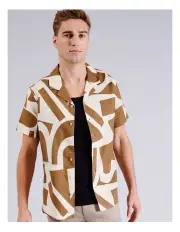 [Blaq] Kendall Abstract Print Short Sleeve Linen Blend Shirt in Tan