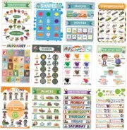 12 Sheets Educational Preschool Posters Alphabet Numbers Shapes for Toddlers