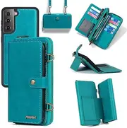 [Yidai-Silu] Galaxy A14 Flip Wallet Case【3in1 Design，Zipper Case】 Detachable Magnetic Shoulder Strap Viewing Stand Shockproof Card Holder PU Folio Cover for Samsung Galaxy A14 6,6" - Blue