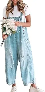 [Vanchenl] Women's Vintage Casual Denim Jeans Overalls Loose Distressed Bib Dungarees Adjustable Baggy Harem Romper Jumpsuit Trousers