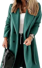 [Springrain] Womens Winter Wool Coat Casual Notched Collar Double Breasted Pea Coat with Belt