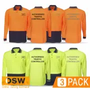 3 x Unisex Hi Vis Yellow Orange AUTHORISED TRAFFIC CONTROLLER Polo WORK Shirts