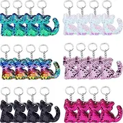 Blulu 24 Pieces Flip Sequin Keychain Cat Shape Key Ring Hanging Keychain Decoration for Party Supplies