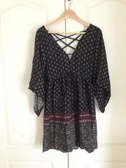 Abercrombie & Fitch Women Boho Geometric Strappy Black Red Peasant Dress Sz M