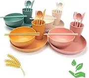 WFPOWER 28pcs Wheat Straw Dinnerware Serving Set (Bowls, Cups, Plates, Chopsticks, Forks, Spoons) Perfect for Camping Picnic RV Dorm Lightweight Unbreakable Microwave & Dishwasher Safe (Strip)