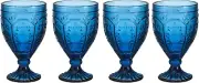 Fitz and Floyd Trestle Glassware Ornate Goblets, Set of 4, Indigo