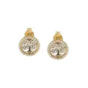 Yellow Gold Earrings 18 Carats 750/1000 With Tree of Life and White Zirconia D