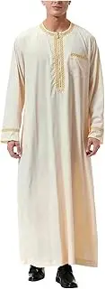 [Generic] Men's Kaftan Thobe Long Sleeve Men Zip Up Thobe Robe Side Split Gown Shirts with Pockets Casual Thobe for Men, Beige, 3X-Large