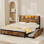Levede Double Bed Frame, Industrial Upholstered Platform Bed with Storage Headboard and USB Charging, 4 Storage Drawers (Vintage Brown)