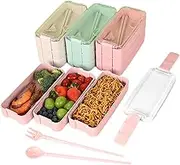 3 Pack Bento Box Japanese Lunch Box Kit with Spoon & Fork, 3-in-1 Compartment Wheat Straw Meal Prep Containers with Divider for Kids & Adults (Pink & Green & Beige)