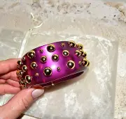 NIB $308 JOANNA LAURA CONSTANTINE Pink Lucite Gold Studs Bangle Bracelet M/L