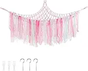 Toy Hammock, Cotton Rope Stuffed Animal Hammock, for Wall Corner Large Capacity Toy Storage Organizer, Hammocks With Colorful Ribbon, for Soft Toys and Teddy Bears (Pink)
