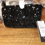 NEW Nicole Miller Black Sequin Bag Strap Clutch