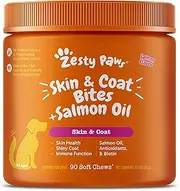Zesty Paws Salmon Fish Oil Omega 3 For Dogs - With Wild Alaskan Salmon Oil - Anti Itch Skin & Coat + Allergy Support - Hip & Joint + Arthritis Dog Supplement - Omega-3 & 6 + Epa & Dha - 90 Chew Treats