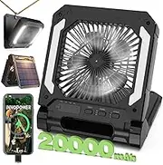 20000mAh Portable Fan Rechargeable with Solar Panel 2-in-1, 3 Speeds Cordless Battery Powered Fan with Led Lantern,Timer, Quiet USB-C Table Fan for Travel Tent Hurricane Office Home Bedroom (Black)