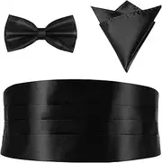 [DEARMAMY] 3pcs Men's Bow Tie Cummerbund Set Velvet Black Tuxedo Tie Cumberbund Handkerchief for Parties Weddings Proms