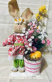 EASTER BUNNY ARRANGEMENT FARMHOUSE RABBIT TABLE DECOR PINK SHELF SITTER