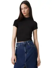 [Calvin Klein Jeans] Warm Texture Rib Mockneck Top in Black
