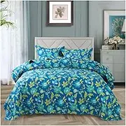 3 Pieces Floral Quilt Sets Queen Size Blue Floral Pattern Quilt Sets Soft Bedspread Queen Bedding Set for All-Season 90x98 with 2 Pillow Shams 20x28