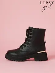 Lipsy Black Chunky Flat Faux Leather Lace-Up Ankle Boots (AN9865) | $29 - $32
