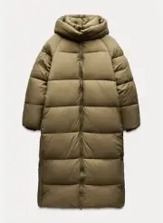 Zara Long Anorak Puffer Coat Jacket Water And Wind Protection Size M Dark Olive