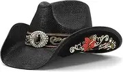[FLUFFY SENSE.] Cowboy Hats for Women and Men Straw Western Hat Embroidered Cowboy Hat for Cowboys and Cowgirls