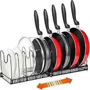 Pot and Pan Organizer Rack for Cabinet, Expandable Pot Lid Kitchen Cabinet Organizer Holder with 12 Adjustable Compartment, for Cast-iron Pan, Cutting Board, Heavy Cookware (Black)