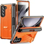 [XIMAND] for Samsung Galaxy Z Fold 5 Armor Protect Case,Bulit-in[Kickstand] [S Pen Holder] [Screen Protector] [Hinge Protection] Heavy Duty Shockproof & Military Full Body Protection (Orange)