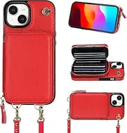 Bocasal Crossbody Wallet Case for iPhone 15, RFID Blocking Leather Purse Case with Card Holder, Protective Handbag Flip Cover with Zipper Wrist Strap Lanyard for Women 5G 6.1 Inch (Red)