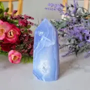 245G HIGHEST QUALITY BLUE LACE AGATE TOWER WITH DRUZY - QUARTZ CRYSTAL POINT