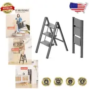 Lightweight 3 Step Folding Ladder - Safe, Portable Aluminum Stool, 300lbs