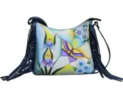 Anna by Anuschka Hand Painted Leather Large Fringe Tassel Top Zip Crossbody Bag