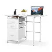 Giantex Folding Computer Desk Rolling Laptop Table w/3 Drawers & Lockable Universal Wheels Study Office White