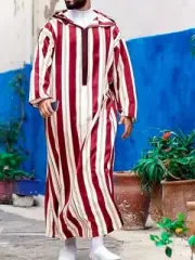 Islamic Arabic Kaftan Men Long Sleeve Vertical Striped Hooded Jubba