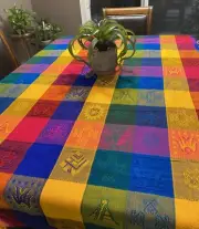 Beautiful Mexican Table Cloth / Colorful Squares / Aztec Patterns - 60 X 80 in.