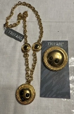 Vtg Unsigned Trifari Necklace Brooch Set Gold With Black Enamel New On Card