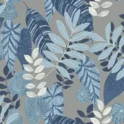 Wallquest RY30912 Tropicana Leaves Metallic Gray, Sky Blue, and Champlain