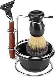 4Pcs Shaving Kit with Wooden Handle, Badger Hair Brush, Stainless Steel Stand & Bowl Set for Men with a Special Bowl for Shaving, Great Idea