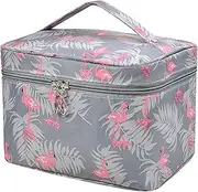 Large Make Up Organiser Bag, Portable Travel Cosmetic Bag Pouch, Flamingo Toiletry Wash Bag with Handle, Waterproof Makeup Storage Case, Vanity Bag for Women Ladies and Girls, Grey, 22*16.5*16CM