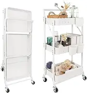 GUDAJIN 3-Tier Folding Storage Cart with Wheels, Foldable Storage Cart with Handle, Rolling Organizer, Multi-Function Trolley with Hanging Cup and Hook for Kitchen, Pantry, Office (White)
