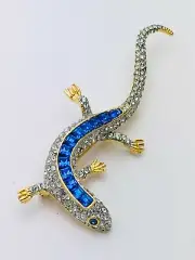 ￼Vintage Signed Giovanni Big Lizard Pin Sapphire Blue crystal clear Brooch