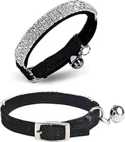 Yitaocity Adjustable Soft Velvet Safe Cat Collar Bling Diamante Pet Collars with Bells for Cats, Small Dogs, Kitty Girls (Black)
