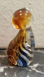 Hophen Murano Amber Glass Cat Paperweight w/Black & White Swirled Interior EUC