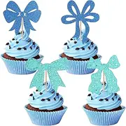 24Pcs Blue Bow Cupcake Toppers Glitter Bow Knot Cake Toppers Stickers Picks for Birthday Decorations for Wedding Baby Shower Bachelorette Party