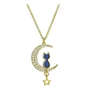 Imprints by Mau CZ Cat and Moon Pendant, 14K Gold-Plated Delicate Chain Pendant